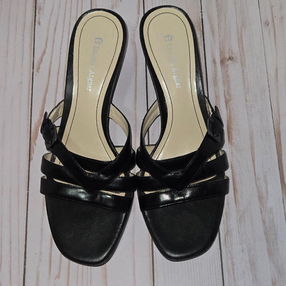 Vintage Etienne Aigner Slip On Black Wedge Sandals Size 7.5M - Picture 2 of 12